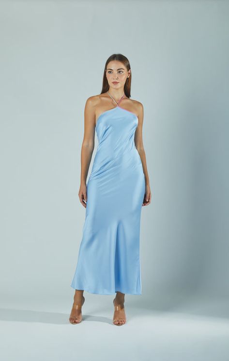 (7-14 business days Pre-Order) 3 Tone Halter Bias Maxi Slip Dress  3 Tone Halter neckline  Crafted in Premium Satin  Concealed zip fastening along the side  Unlined, bias cut  Midi hem  Play with contrast straps Product Details: Professional Dry Clean Composition: Premium Silk Satin Proudly made in Thailand   Made-to-m Baby Blue Dress Outfit Wedding, Baby Blue Dress Outfit, Baby Blue Satin Dress, Formal Satin Dress, Baby Blue Bridesmaid Dresses, Blue Dress Outfits, Electric Orange, Virtual Outfits, Dr Wardrobe