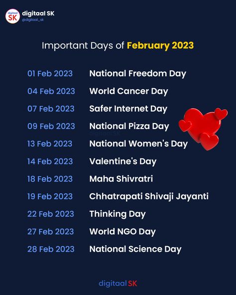 Here is the list of Important Days in February 2023 😃 Save and share it with your friends, digital marketers, and designers . . #digitaalsk #february #february2023 #ValentinesDay #mahashivratri2023 #mahashivratri #holidayslist #digitalmarketingagency #digitalmarketers #momentmarketing #marketingideas #digitalmarketingstrategy #strategy #february30 #digitalmarketingbignners #client #clientrejection #calender #festivalcalendar #februarycalendar #digitalmarketingcalendar Important Days In February, Internet Day, February Calendar, Days In February, February 2023, Digital Marketing Strategy, Digital Marketing Agency, The List, Digital Marketing