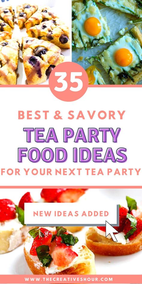 If you want to feel truly fancy and have a different party than the regular brunch and dinner, you’ve most likely thought of having a tea party. Although tea is served at a tea party, the most important aspect is the food. Small delicate sandwiches and other bite-sized delicacies take precedence while setting the elegant tone of a tea party. Click here for more delicious tea party food ideas & recipes, tea party food for kids & adults, and tea party food sandwiches. Cottagecore Tea Party Food, Yea Party Food, Savory Tea Party Food, Tea Party Food Recipes, Tea Party Savory, Savory Finger Foods, Savory Food Ideas, Tea Party Food Ideas, Tea Party Sandwiches Recipes