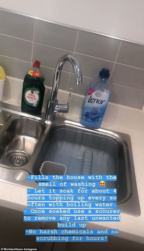 Mrs Hinch shares sink cleaning hack on Instagram Stories | Daily Mail Online Hinch Cleaning, Clean Kitchen Cabinets Wood, How To Clean Kitchen Cabinets, How To Clean Kitchen, Kitchen Cabinets Wood, Sink Cleaning, Wood Pins, Clean Baking Pans, Clean Kitchen Cabinets