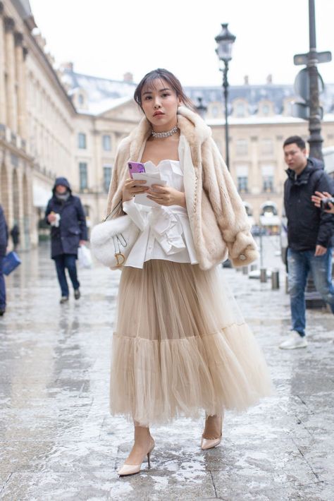 Dior Outfits Street Styles, Dior Tulle Skirt, Fur Coat White, Dior Outfit, Tulle Skirts Outfit, Brown Fur Coat, Dior Skirt, Gonna In Tulle, Tulle Long Skirt