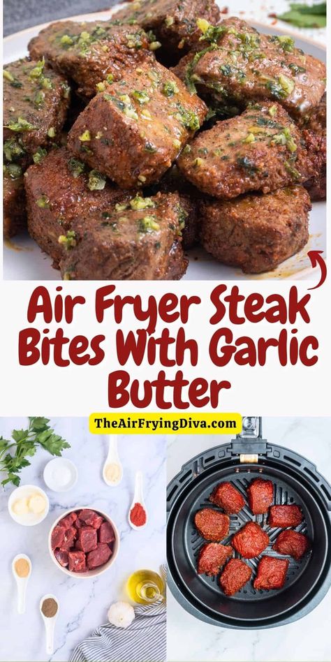 Air Fryer Steak Bites With Garlic Butter, a simple and delicious appetizer or meal recipe featuring tender meat cooked to perfection. Steak Bites With Garlic Butter, Air Fryer Steak Bites, Asian Steak, New Air Fryer Recipes, Steak Bites Recipe, Air Fryer Steak, Steak Kabobs, Tender Meat, Keto Beef Recipes