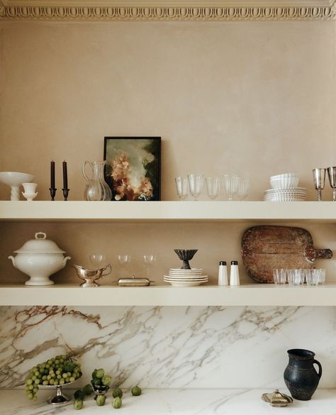 BANDA (@banda.property) • Instagram photos and videos Kitchen Shelf Inspiration, Banda Property, Styled Kitchen, Kitchen Open Shelves, White Wood Kitchens, Kitchen Vignettes, Kitchen Open, Picture Shelves, Kitchen Cabinets Decor