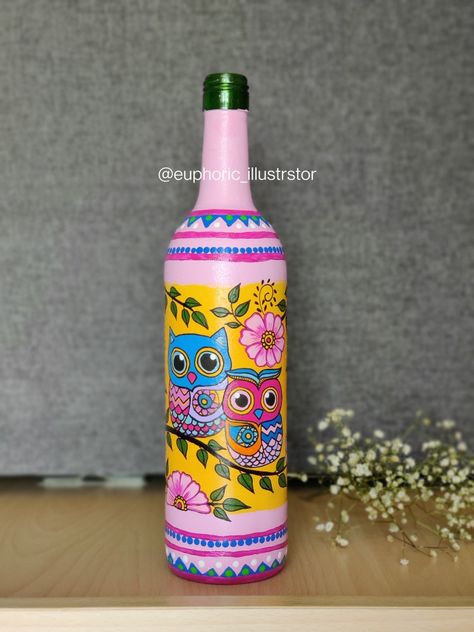 Visit for close up video at Instagram @euphoric_illustrator Wine Bottle Painting, Creative India, Beer Bottle Art, Modern Art Canvas Painting, Wine Bottle Design, Abstract Art Paintings Acrylics, Diy Glass Bottle Crafts, Flower Pot Crafts, Hippie Painting