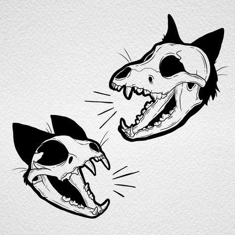 Cat and dog tattoo skull head illustration tattoo art with black border Black Cat And Dog Tattoo, Matching Cat And Dog Tattoos, Skull Dog Tattoo, Cat And Dog Matching Tattoo, Alt Matching Tattoos, Matching Opposite Tattoos, Dog Skeleton Tattoo, Matching Animal Tattoos, Dark Matching Tattoos