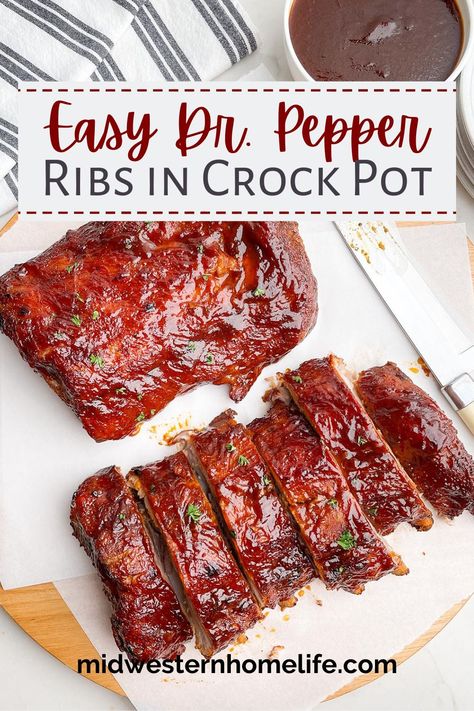 Dr. Pepper Crock Pot Ribs are perfectly fork tender and succulent, slathered in a rich and zesty Dr. Pepper barbecue sauce. Delicious and easy recipe for slow cooker ribs -- perfect for game day, summer BBQs, and family get togethers. Slow Cooked Ribs, Crockpot Ribs, Slow Cooker Ribs, Dry Rub Recipes, Rub Recipes, Bbq Ribs, Dr Pepper, Beef Ribs, Healthy Crockpot Recipes