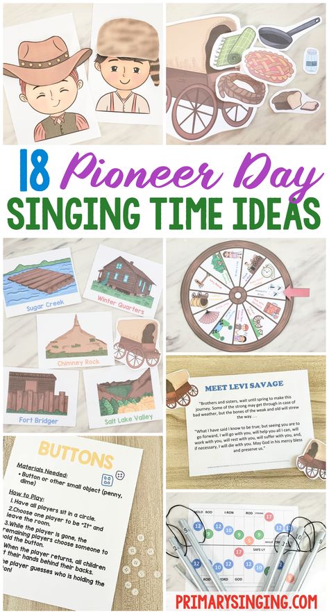 Pioneer Day Singing Time Ideas - Tons of fun and easy ways to help you have some fun in Primary on this special holiday! Including fill the wagon, pioneer headbandz, along the Mormon Trail, meet the Pioneers, Spin the Wagon Wheel, and more! Printable song helps for LDS Primary music leaders. Pioneer Day Singing Time Ideas, Primary Lds Printables, Singing Time Ideas Primary, Pioneer Day Activities, Primary Singing Time Ideas, When I Am Baptized, Singing Time Ideas, Lds Primary Singing Time, Book Of Mormon Stories