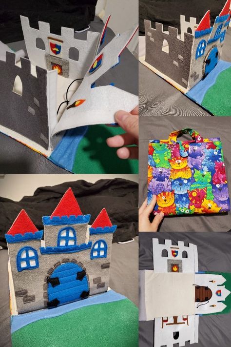 one more castle, this one with a colorful cover,  see pics for details Felt Castle Pattern, Felt Castle, Sewn Toys, Felt Play Mat, Fabric Doll House, Toy Diy, Play Sets, Felt Book, Play Mats