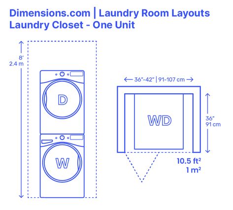 The Laundry Closet (One Unit) is ideal for tight spaces. It features a dryer stacked on top of a washer. Hence, you may not have space for drying and folding nor for stacking your clothes. Unless your laundry closet is very tall, that is when you may have room to create inserters and shelves for storage. Downloads online #layouts #laundry #home Laundry Closet Layout, Laundry Closet Dimensions, Washer Dryer Closet, Small Washer And Dryer, Laundry Room Dimensions, Washer Dryer Laundry Room, Washer And Dryer Pedestal, Pallet Deck Diy, Closet Dimensions