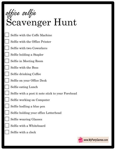 Free Printable Office Selfie Scavenger Hunt Game Staff Scavenger Hunt, Work Scavenger Hunt, Office Scavenger Hunt, Scavenger Hunt Ideas For Adults, Office Selfie, Kid Holiday Games, Selfie Scavenger Hunt, Housewarming Party Games, Housewarming Games