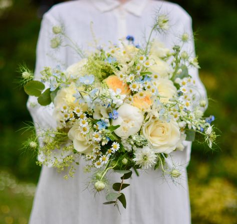 Rich Textured Bridal Bouquet | Bridal Bouquets Summer Wedding Bouquet Ideas, Pale Yellow Bouquet, Blue White Yellow Bridal Bouquet, Pale Yellow And Green Wedding, Blue And Yellow Wedding Bouquet, Blue And Yellow Wedding Flowers, Pale Yellow Wedding Theme, Blue Yellow Bouquet, Yellow Bouquet Wedding