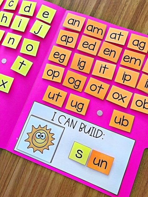 CVC Word Builder Activity. Want a fun activity for students to practice building CVC words? This activity is a perfect addition to literacy centers, intervention programs and so much more. There are 72 picture cards included which cover short a, short e, short i, short o and short u words. Simple print and laminate the pieces and attach to a file folder using Velcro dots. I highly recommend laminating or covering the file folder in clear contact paper to ensure durability. An optional worksheet Cvc Word, Language Art, Teaching Phonics, Reading Intervention, Word Activities, Kindergarten Literacy, Phonics Activities, Kindergarten Reading, Cvc Words