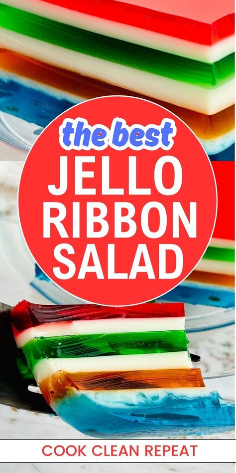 The best Jello ribbon salad is an amazing and easy dessert. Quickly whip together this dazzling dessert for the next potluck or family gathering on Mother's Day. This recipe only takes about 20 minutes to prepare and you don't have to fire up the oven! The colorful layers will wow everyone. Not only does it look beautiful but it is delicious as well. Give this Jello ribbon a try and save the recipe because it will become a fan favorite! Rainbow Layered Jello, Ribbon Salad Jello Recipe, Jello Deserts Ideas, Jello Yogurt Recipes, Jello Recipes Easy, Jello Desserts Cool Whip, Jello Parfait Recipes, Ribbon Jello Recipe, Whipped Jello