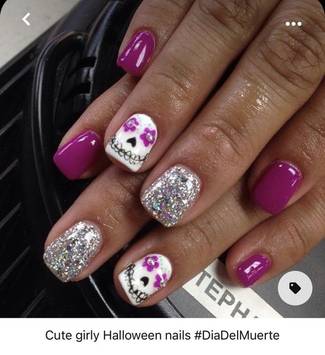 Summer Nail Colours, Skull Nail Designs, Sugar Skull Nails, Summer Nails Colors Designs, Enjoy Your Trip, Skull Nails, Halloween Acrylic Nails, Vibrant Nails, Nail Colours