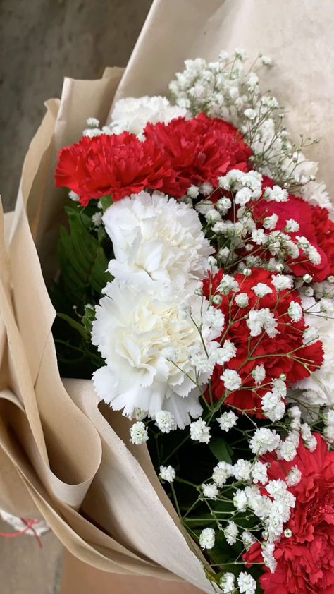 Red And White Carnation Bouquet, Red And White Carnations, Red Flower Bouquet For Prom, Red Carnations Bouquet, Homecoming Bouquet Ideas Red, Hoco Bouquet Red, Red Carnation Aesthetic, Red Carnation Bouquet, White Carnation Bouquet