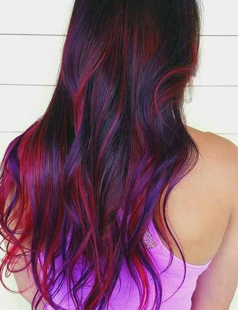 Red And Purple Streaks Hair, Red And Purple Highlights In Brown Hair, Purple Hair Red Highlights, Dark Purple Hair With Pink Highlights, Purple And Red Hair Highlights, Dark Brown Hair With Blonde And Purple Highlights, Pink Purple Red Hair, Magenta Brown Hair, Red Hair Purple Highlights