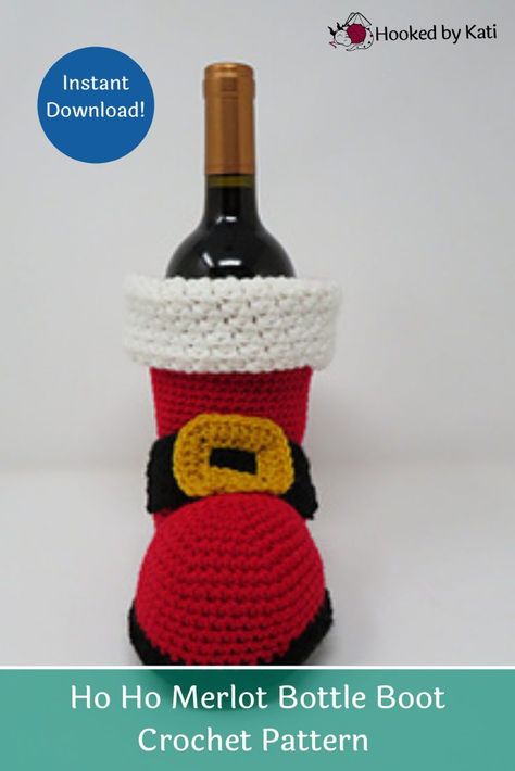 The Ho Ho Merlot Bottle Boot Crochet Pattern is available as a free crochet pattern on our blog or as an immediate download on Etsy or Ravelry. This Christmas Santa Boot Crochet pattern is an Easy level pattern. This darling Santa’s Boot Crochet Pattern will make the perfect crochet gift or to add a touch of Christmas to your home! Get started today! Easy Crochet Pattern | Santa Boot Crochet Pattern | Crochet Christmas Crochet Christmas Wine Bottle Cover, Wine Cozy, Christmas Wine Bottle Covers, Bottle Covers, Santa Boots, Crochet Santa, Christmas Wine Bottles, Wine Bottle Covers, Wine Bottle Holder