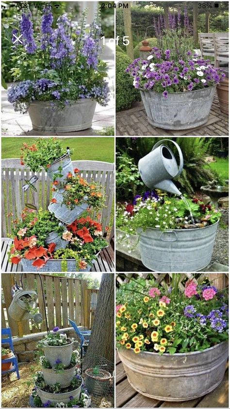 Wash Tub Flower Ideas, Galvanized Tub Planter Ideas, Galvanized Tub Ideas, Galvanized Tub Planter, Gardening 2023, Galvanized Garden, Tree Landscaping, Backyard Planters, Garden Brunch