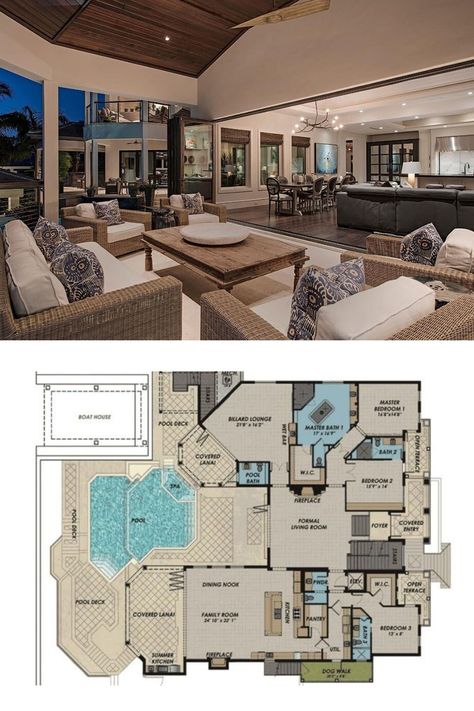 This 2 story large luxury Florida house plan with elevator, 4 bedrooms, 5.5+ bathrooms, beautiful southern coastal interior decoration and design ideas for a beach home. Featured: covered lanai and modern outdoor living room. View the floor plan, blueprint, and home layout of the 6172 sq. ft. modern Florida mansion dream home at https://www.architecturaldesigns.com/house-plans/first-or-second-floor-master-suite-31831dn #blueprint #floorplan #2story #FloridaHomes 3 Story House Floor Plans, Modern Luxury House Layout, Coastal House Layout 2 Story, Luxury Home Layout Floor Plans, Modern Beach House Layout Bloxburg, Mansion Floorplans Luxury, Bloxburg Mansion Interior Layout, Beach House Mansion Floor Plans, Modern Mansion Layouts 2 Story