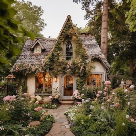 Cottage Core Building, Cottage Core Aesthetic House Exterior, Fairy Cottage House Aesthetic, Cute Fairytale Cottage, Overgrown Aesthetic House, Fairytale Home Aesthetic, Fairy Houses Aesthetic, Cottage Core Homes Exterior, Cottage Core House Outside