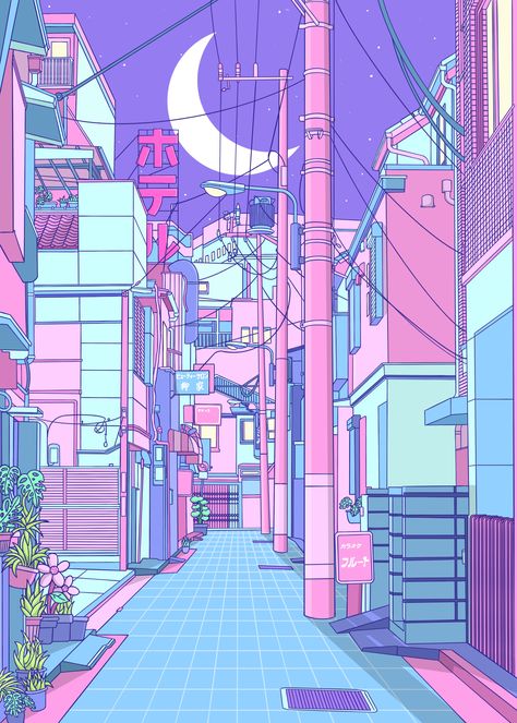 Neon City, 80s Neon, Vaporwave Art, Kawaii Room Decor, City Illustration, Kawaii Room, Korean Street, Home Poster, Kids Art Prints