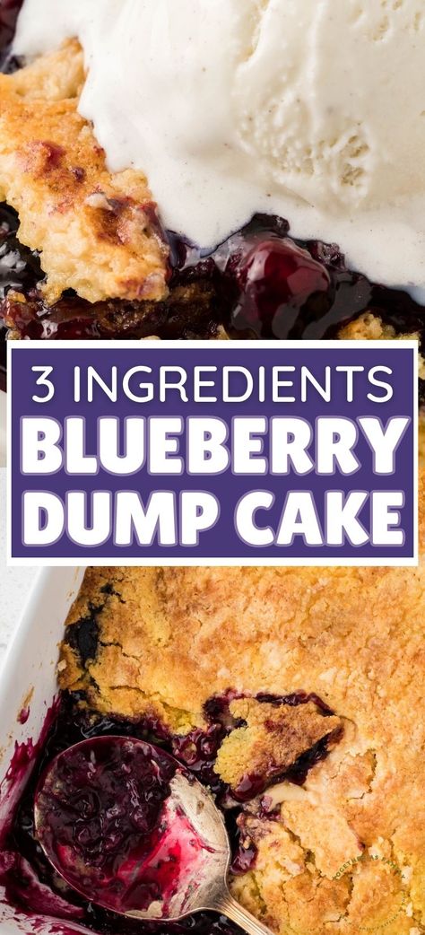 With only 3 ingredients and one pan - this Blueberry Dump Cake is the best easy dessert! Canned blueberry pie filling, cake mix, and melted butter is all it takes. Serve this easy dump cake with a scoop of vanilla ice cream on top. Blueberry Dump Cake, Blueberry Dump Cake Recipes, Blueberry Muffin Mix, Blueberry Dump Cakes, Canned Blueberries, Pie Filling Recipes, Blueberry Pie Filling, Homemade Snickers, Blueberry Desserts