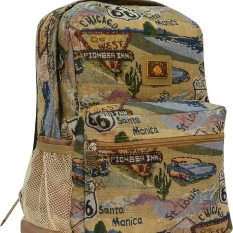 Large Main Compartment Front Utility Pocket With Organizer Keeps Essentials Handy 2/3 Padded Back For Comfortable Carrying Of Books And Other Objects Padded Shoulder Straps For Comfortable Carrying Of Heavy Loads 17 X 12 X 9 With A Classic Look That Never Goes Out Of Style, This Backpack Is Perfect For Day To Day Casual Travel. The Route 66 Classic Backpack Is Made From Durable Tapestry Fabric And Features A Large Shape With A Spacious Main Compartment That Offers Ample Storage For Your Items. A Tapestry Backpack, Backpack With Pins, Hippie Backpack, Tapestry Fabric, Cute Backpacks, Vintage Fits, Cool Graphic Tees, Boyfriend T Shirt, Classic Backpack