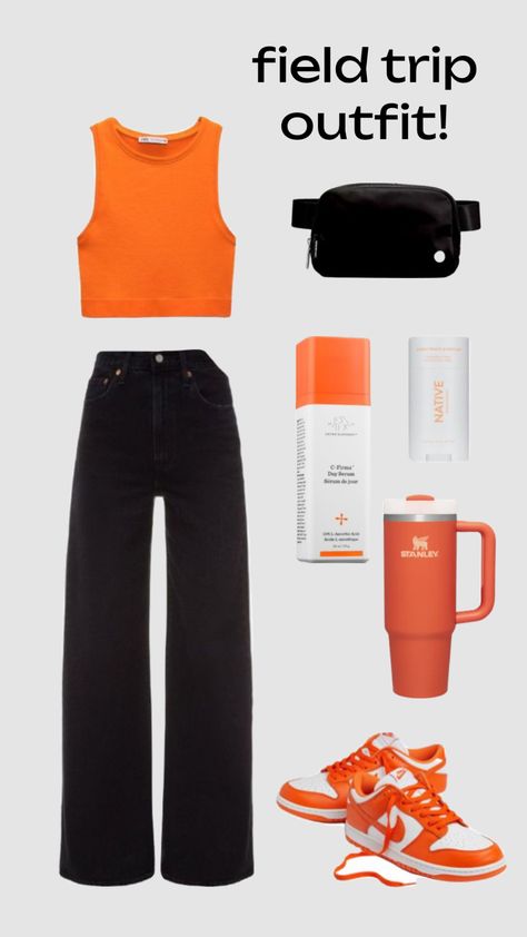 feild trip outfit inspo!! #orange #orangeandblack #black #blackoutfit Orange And Black Concert Outfit, Black And Orange Outfit Ideas, Orange Black Outfit, Orange Black And White Outfit, Orange And Black Outfits For Women, Field Trip Outfit Summer, Orange And Black Outfit Aesthetic, Orange Black Outfit Aesthetic, Orange Sporty Outfit