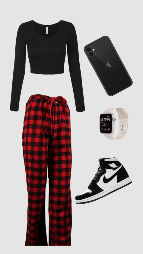 Cute Black And Red Outfits, Red And Black Outfit Ideas, Pajama Pants Outfit Aesthetic, Black Pajama Pants, Casual Night Out Outfit, Athleisure Street Style, Fire Clothes, Latina Outfits, Pajama Outfits