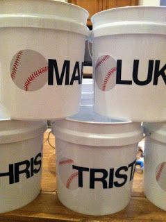 Baseball Buckets For Dugout, Dugout Buckets, Dugout Mom, Dugout Organization, Softball Dugout, Coaching Baseball, Tee Ball Mom, Team Mom Baseball, Baseball Dugout