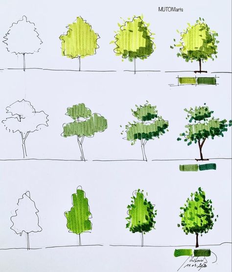 How To Draw Trees With Markers, Tree Drawing Marker, Tree Drawing With Markers, Landscape Alcohol Markers, Landscape Drawing Tips, Marker Landscape Drawing, Alcohol Markers Architecture, Tree Alcohol Markers, Landscape Marker Drawing