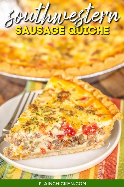 Southwestern Sausage Quiche - Sausage, cheddar cheese, Rotel, eggs, taco seasoning, sour cream, milk & pie crust. Great for breakfast, lunch or dinner. Cheeseburger Quiche, Quiche Easy, Potato Quiche, Easy Healthy Breakfast Ideas, Egg Bakes, Sausage Quiche, Easy Quiche, Quiche Recipes Easy, Cheesecake Dip