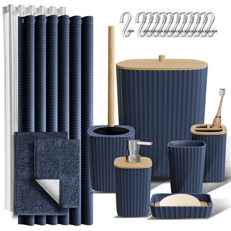 PRICES MAY VARY. 100% Polyester Navy Blue Bathroom Accessories Set: Update your bathroom set with Navy Blue bathroom decor, creating a stylish haven with a Navy Blue bathroom rug set and bamboo bathroom accessory set. Bathroom Sets with Shower Curtain and Rugs: Includes 2 bathroom rugs, toothbrush holder, tumbler, soap dispenser, soap dish, bathroom trash can, toilet brush and holder set, 12 shower curtain hooks, and fabric shower curtain set with clear shower curtain liner. Boho Shower Curtain Blue Black Brass Bathroom, Teen Boy Bathroom Target, Navy Blue Bathroom Accessories Area Rugs, Bathroom Accessories Color Schemes, Navy Blue Bathroom Decor, Navy Blue Shower Curtain, Bamboo Bathroom Accessories, Blue Bathroom Rugs, Navy Blue Bathrooms