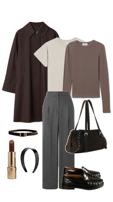 Wide Leg Gray Pants Outfit, Y2k Work Outfit, Tshirt Office Outfit, Espresso Outfit, Brown And Grey Outfit, Espresso Girl, Outfit For Office, Siren Outfit, Working Girl Outfits