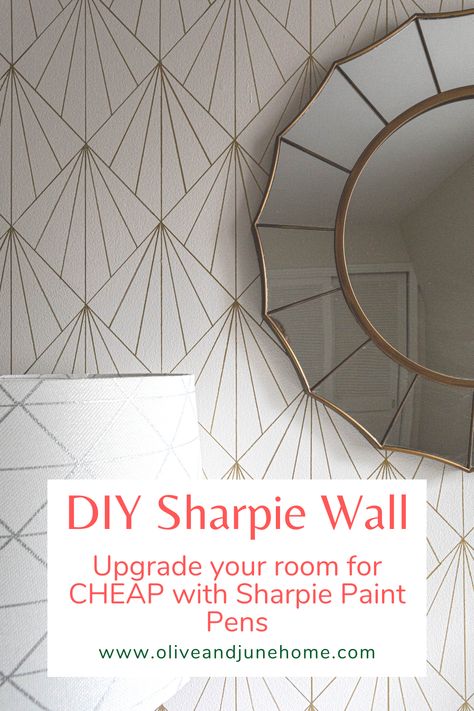 I had a blast creating this DIY Sharpie wall - and it only cost me around $14! Better yet, anyone can do it! In my post, I share how I created this awesome art deco-inspired design. But the best thing about a DIY Sharpie wall is that it's completely customizable! #DIYSharpieWall #SharpiePaintPen #SharpieAccentWall #SharpieWallTutorial Diy Sharpie Wall Art, Paint Pen Wall Design, Diy Sharpie Wall, Sharpie Wall Art Diy, Washi Tape Wall Art Diy, Sharpie Wall Art, Diy Herringbone Wall, Washi Tape Diy Wall, Wall Paint Treatments