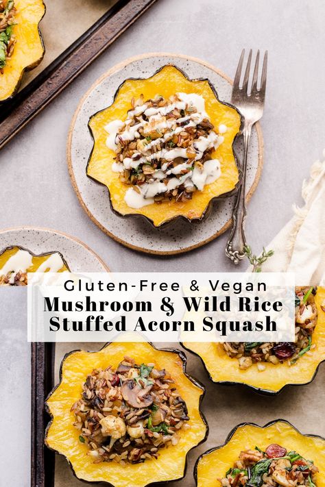 Acorn Squash Wild Rice, Wild Rice Stuffed Acorn Squash, Rice Stuffed Acorn Squash, Vegan Stuffed Acorn Squash, Mushroom Wild Rice, Vegan Butternut Squash Soup, Lemon Tahini Sauce, Meals Without Meat, Fasting Recipes