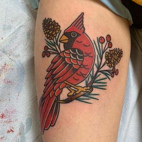 Cardinal Tattoo Traditional, American Traditional Tattoos Cardinal, Traditional Cardinal Tattoo Design, American Traditional Cardinal Tattoo, Neo Traditional Cardinal Tattoo, Traditional Cardinal Tattoo, American Traditional Animal Tattoo, Cardinal Neotraditional Tattoo, Cardnial Tattoo