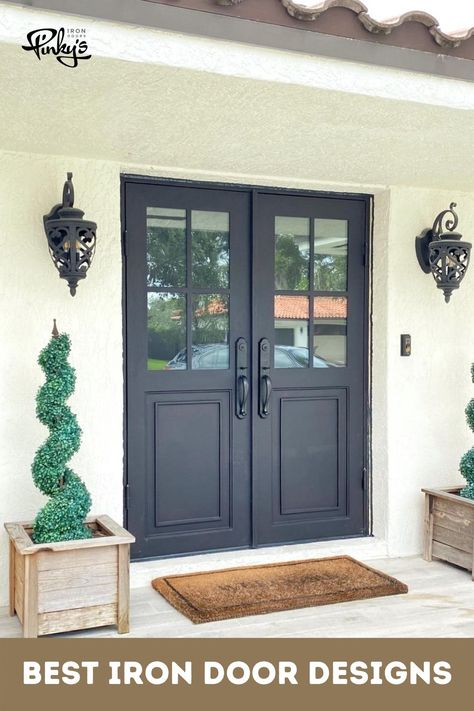 Iron doors are a great way to completely change the look of your home or business. Whether you need a set of exterior french iron doors for your patio, an elegant wrought iron front entry door to add some curb appeal, or even a set of modern iron doors to help make your commercial property pop by allowing more light into the space, Pinky’s Iron Doors has you covered. #frontdoorideas #exteriordesign #modernhome #irondoordesign #irondoor #architecture #homedecor Double Exterior Doors Front Entry, Double Front Entry Doors, Double Door Entrance, Double Doors Exterior, Inside Doors, Build House, Security Doors, Double Entry Doors, Double Front Doors