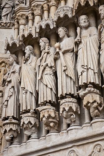 exterior sculpture work surrounding the main portal - Amiens Cathedral, France - built 1220-70 - the statues were originally polychromic and  appeared more true to life Exterior Sculpture, Cathedral Exterior, Amiens France, Architecture Antique, Gothic Cathedrals, French Architecture, Cathedral Church, Cuddly Animals, Church Architecture