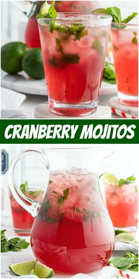 Cranberry Mojitos recipe from RecipeGirl.com #cranberry #mojitos #mojito #cocktail #drink #recipe #RecipeGirl Thanksgiving Mojito Recipe, Cranberry Mojito Mocktail, Cranberry Mojito Recipe, Thanksgiving Mojito, Cranberry Mojito Recipe Pitcher, White Christmas Mojito Recipe, Christmas Mojitos, Christmas Pitcher Cocktails, Christmas Mojito Recipe