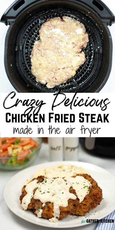 This air fryer chicken fried steak makes a great breakfast or breakfast for dinner meal idea. It's easy to make in the air fryer. Air Fryer Beef Cutlets, Instant Pot Chicken Fried Steak, Chicken Fried Steak Bites Air Fryer, Chicken Fried Steak In The Air Fryer, Tenderized Round Steak Recipes Air Fryer, Healthy Country Fried Steak, Air Fryer Chuck Steak, Chicken Fried Steak Air Fryer Recipes, Chicken Fried Cube Steak Recipes