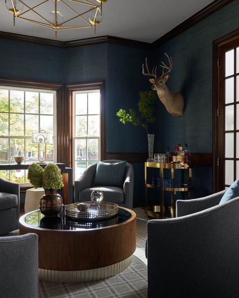 Navy Masculine Office, Masculine Mantel Decor, Masculine Office Waiting Room, Man Cave Sophisticated, Moody Man Cave Office, Masculine Sitting Room, Men’s Office Design, Whiskey Room Interior Design, Masculine Office Decor Professional