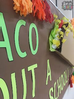 Let's Taco 'Bout Bulletin Boards | Fun in Fourth Taco Bulletin Board Ideas, Lunch Boards, Cafeteria Bulletin Boards, Food Bulletin Boards, Christmas Bulletin Boards, Classroom Boards, Kindergarten Decorations, Teacher Bulletin Boards, Reading Bulletin Boards