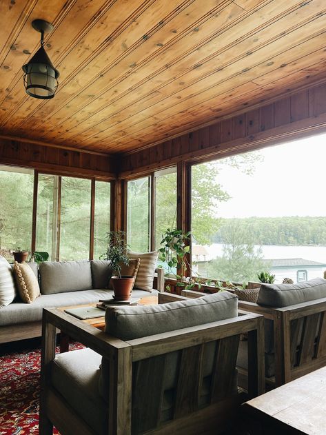 A NEW CHAPTER ON THE LAKE Lake House Vintage, Cozy Lake House Decor, Small Lake Cottage Interiors Living Room, Lake Houses Interiors, Rustic Lake House Interior, Small Lake House Interior, Lake Cottage Interiors, Lake Home Interior, Lakehouse Vibes