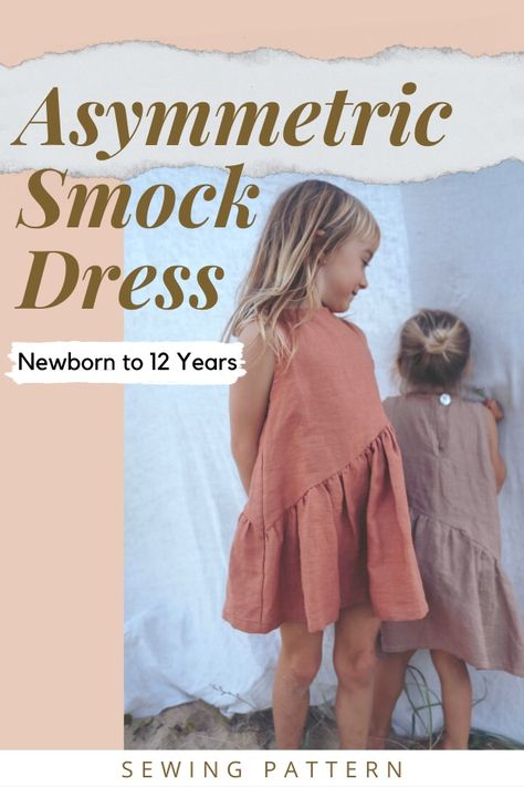 Asymmetric Smock Dress sewing pattern (Newborn to 12yrs). It's a classic style dress with a big twist! The designer describes her project as a lot of fun to make and looks even better on! It's a playful and fun loose-cut dress with an asymmetric skirt with lots of gathering. You get an effortless vibe with the loose-cut bodice with a keyhole opening. Simple Toddler Dress Pattern, Sewing For Newborns, Toddler Clothes Sewing Patterns, Kid Sewing Projects Beginner, Kids Dress Sewing Pattern, Sewing Kids Clothes Patterns, Kids Clothes Sewing Patterns, Free Dress Patterns For Kids, Free Toddler Dress Pattern