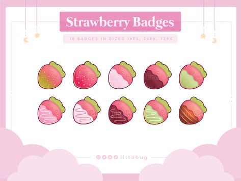 strawberry sub badges for twitch, discord or youtube streams. can also be used as bit badges. Themed Icons, Twitch Streaming Setup, Cute Emotes, Strawberry Parfait, Cute Home Screen Wallpaper, Cute Home Screens, Kitty Drawing, Hello Kitty Drawing, Twitch Emotes