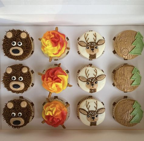 #deer #tree #cupcakes #bear #fire Sasquatch Cupcakes, Outdoor Theme Cupcakes, Hiking Cupcakes, Outdoorsy Cupcakes, Wildlife Cupcakes, Woodland Creature Cupcakes, Woodland Baby Shower Cupcakes, Moose Cupcakes, Woodland Theme Cupcakes