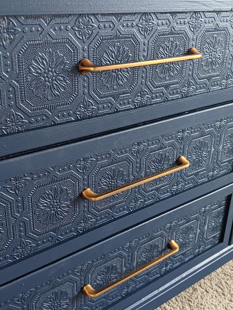 Removable Wallpaper Dresser, Furniture With Wallpaper Interiors, Rask Dresser Hack, Easy Dresser Makeover Diy, Wallpaper Furniture Diy Dressers, Contact Paper Dresser Makeover, Navy Blue Dressers Painted, Refurbished Dresser Diy Ideas, Wallpaper Dresser Makeover