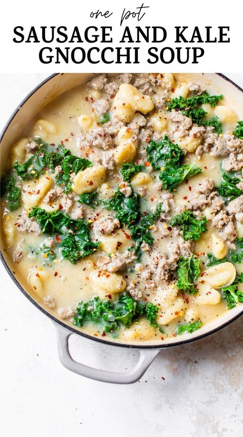 Kale Sausage Gnocchi, Creamy Sausage And Kale Soup, Gnocchi Kale Recipes, Trader Joes Gnocchi Soup Recipes, Sausage Gnocchi Soup Dairy Free, Sausage Kale Gnocchi Soup, Kale And Gnocchi Soup, Gnocchi Kale Soup, Sausage Gnocchi Soup Recipes