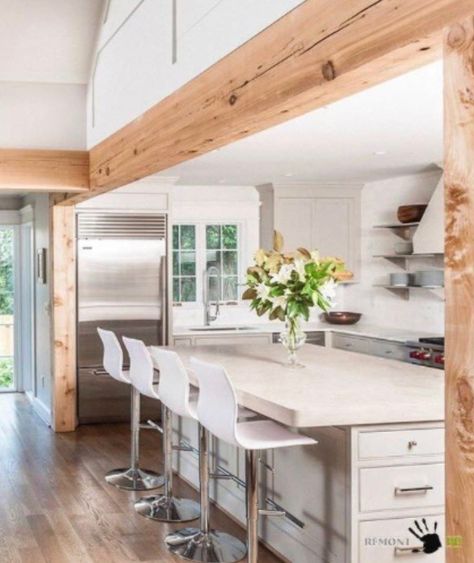 Kitchen With Post And Beam, Beam Over Kitchen Island, Kitchen Island With Ceiling Support, Kitchen Beams Support, Support Beam In Kitchen Island, Supporting Beam Ideas, Faux Beams Low Ceiling Kitchen, Island With Beam Support, Kitchen Support Beam